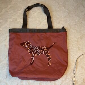 Victoria Secret PINK Tote Bag Sequins Dog‎ Logo Rose Gold Nylon Zip Top